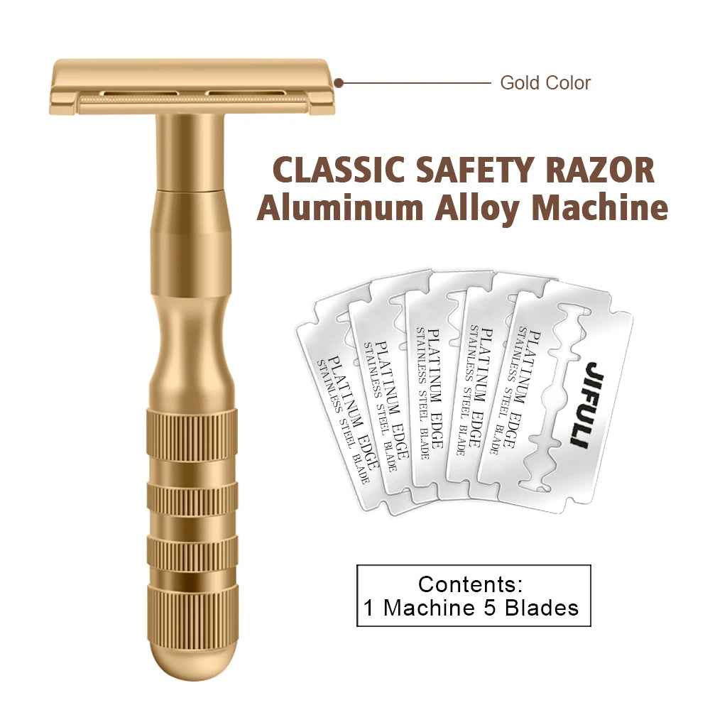 JiFULI ( 1 Machine 5 Blades ) High Quality Men Classic Double Edge Safety razor Aluminum Alloy Handle Sharp Durable Shaver Blade
