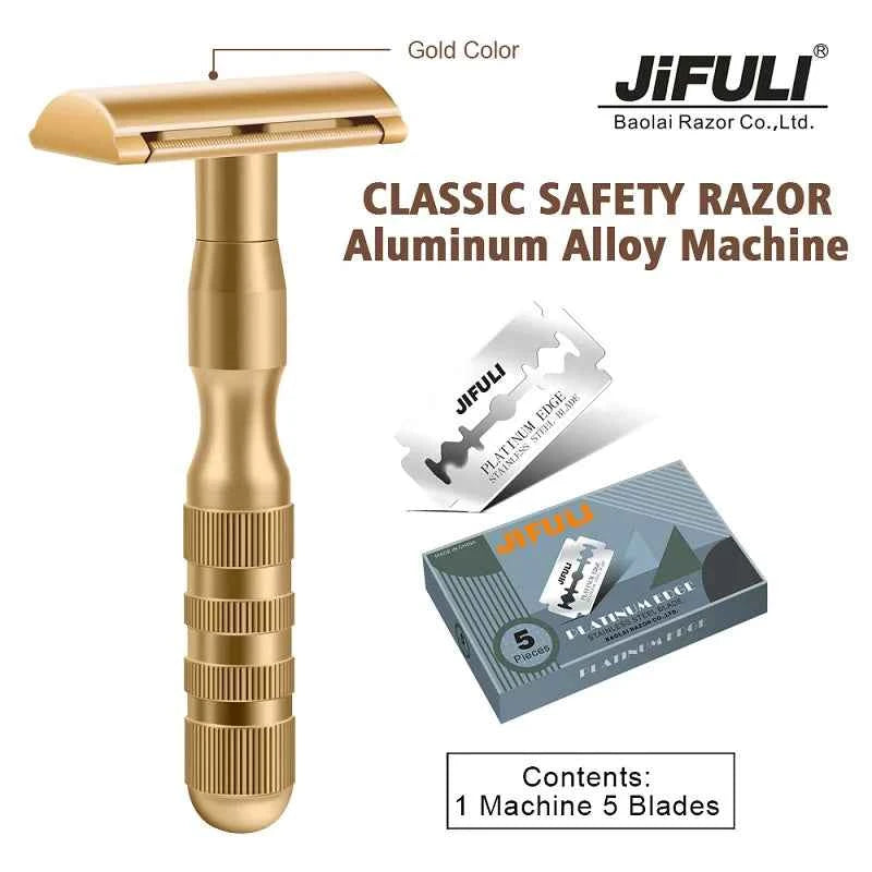 JiFULI ( 1 Machine 5 Blades ) High Quality Men Classic Double Edge Safety razor Aluminum Alloy Handle Sharp Durable Shaver Blade