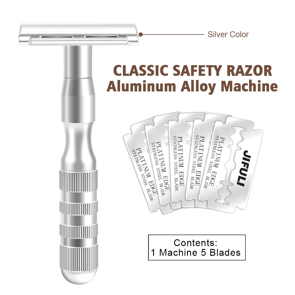 JiFULI ( 1 Machine 5 Blades ) High Quality Men Classic Double Edge Safety razor Aluminum Alloy Handle Sharp Durable Shaver Blade