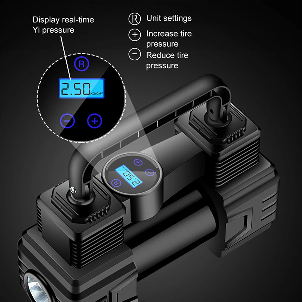 12V 150PSI Mini Air Compressor Dual Cylinder Heavy Duty Tire Inflator with LED Light Car Electric Air Pump Auto Inflatable Pump