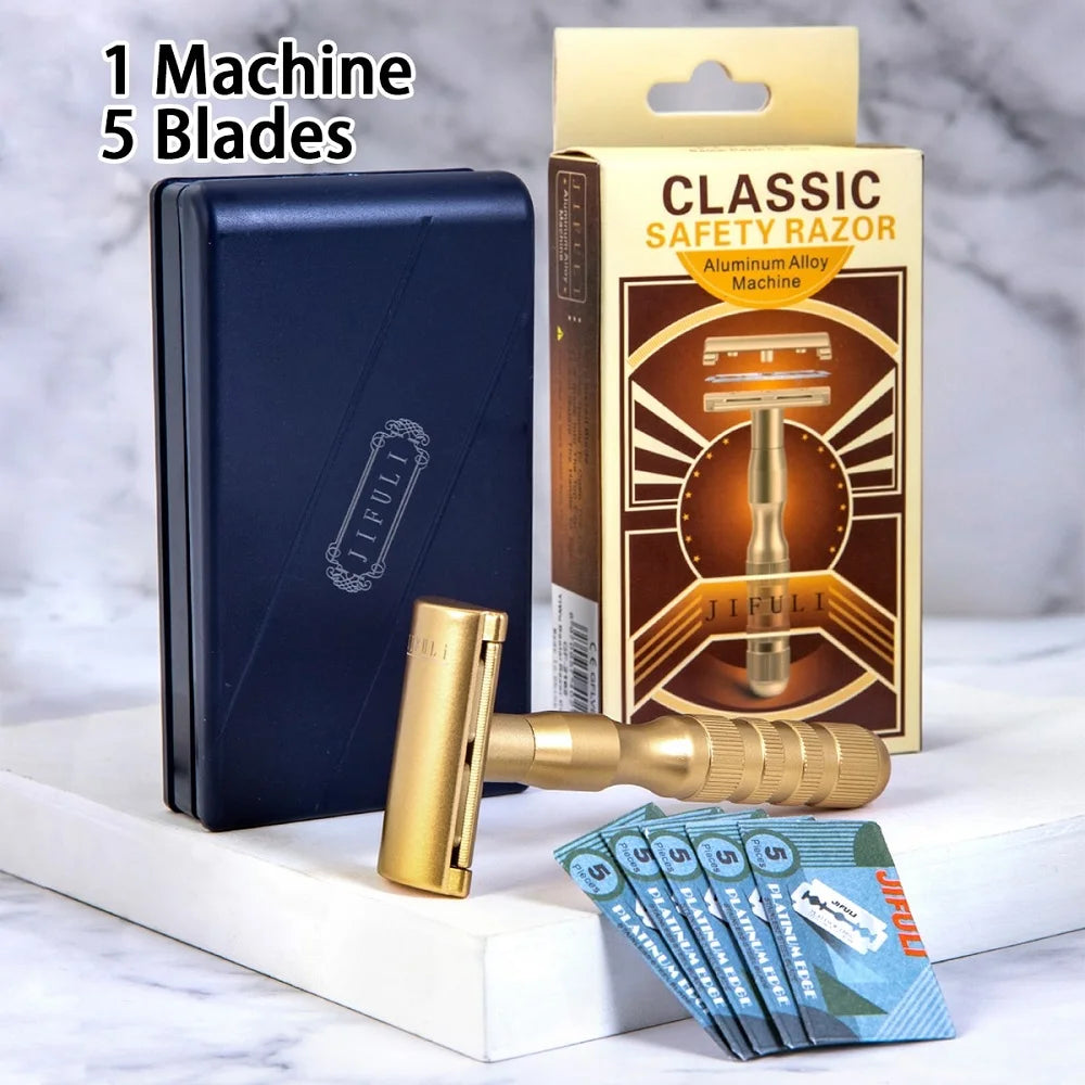 JiFULI ( 1 Machine 5 Blades ) High Quality Men Classic Double Edge Safety razor Aluminum Alloy Handle Sharp Durable Shaver Blade