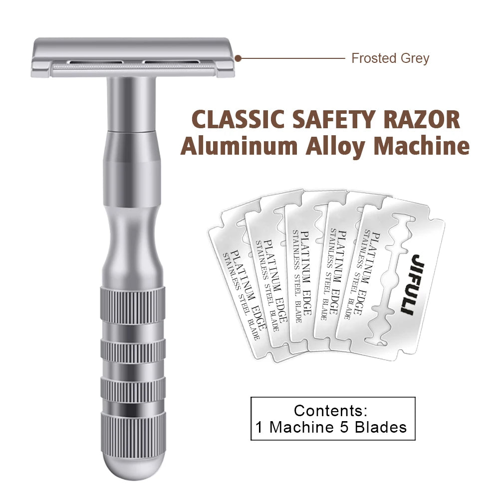 JiFULI ( 1 Machine 5 Blades ) High Quality Men Classic Double Edge Safety razor Aluminum Alloy Handle Sharp Durable Shaver Blade