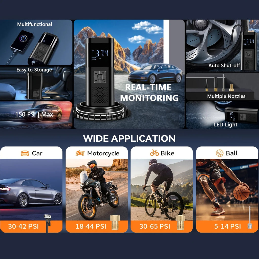 Portable Car Air Compressor 3X Faster 150PSI Cordless Tire Inflator Pump with Digital Gauge for Car Motorcycle Bike Air Pump