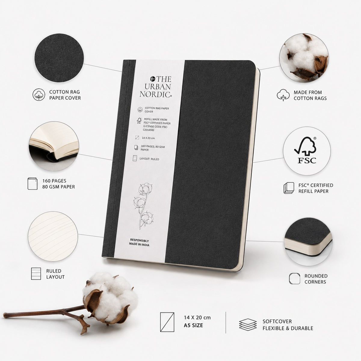 Black Cotton Rag Softcover Notebook